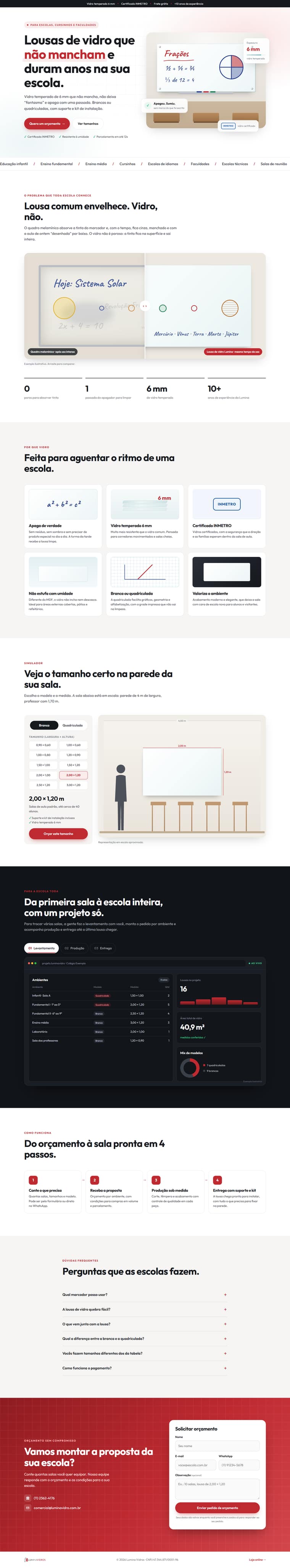 Página do site Lumina Vidros